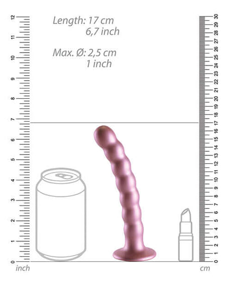 Shots Ouch 6.5 inch Beaded G-Spot Dildo Rose Gold with size comparison against a can and lipstick.