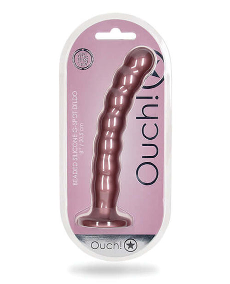 Shots Ouch 8 inch Beaded G-Spot Dildo Rose Gold in packaging showcasing its sleek design and beaded texture.
