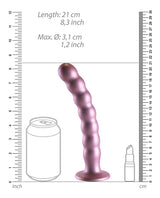 Shots Ouch 8 inch Beaded G-Spot Dildo Rose Gold dimensions with scale, showing length and diameter next to a can and lipstick.