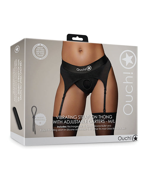 Ouch Vibrating Strap-On Thong Adjustable Garters Black M L packaging photograph showcasing product details and features.