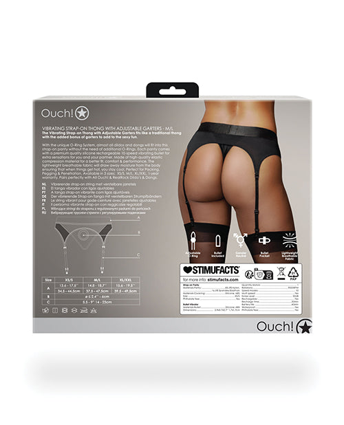 Ouch Vibrating Strap-On Thong Adjustable Garters Black M L package with product information and size chart.