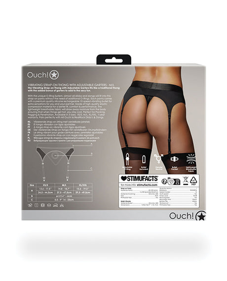 Ouch Vibrating Strap-On Thong Adjustable Garters Black M L package with product information and size chart.