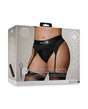 Ouch Vibrating Strap-On Thong with Garters Black XL XXL packaging displayed with adjustable garters