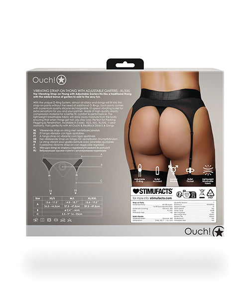 Ouch Vibrating Strap-On Thong with Garters Black XL XXL product packaging showing adjustable garters and sizing details.