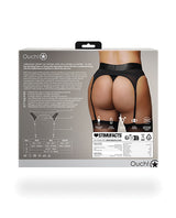 Ouch Vibrating Strap-On Thong with Garters Black XL XXL product packaging showing adjustable garters and sizing details.