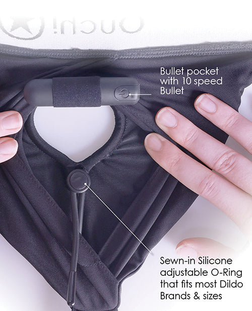 Ouch Vibrating Strap-On Thong with Garters Black XL XXL showing bullet pocket with 10 speed bullet and adjustable O-Ring.
