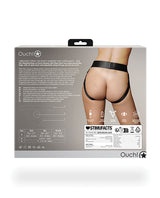 Ouch Vibrating Strap-On Panty Harness Black XS S packaging showing open back design and adjustable straps.