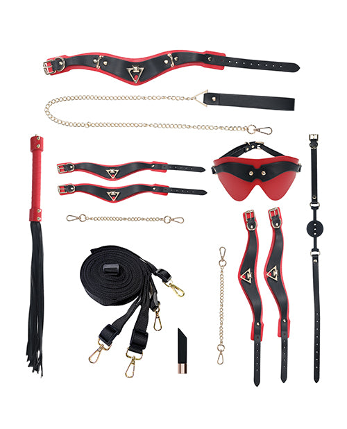 Milan Collection Bondage Kit with Bag Black Red, including restraints, collar, and whip in black and red.