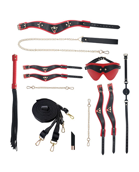 Milan Collection Bondage Kit with Bag Black Red, including restraints, collar, and whip in black and red.