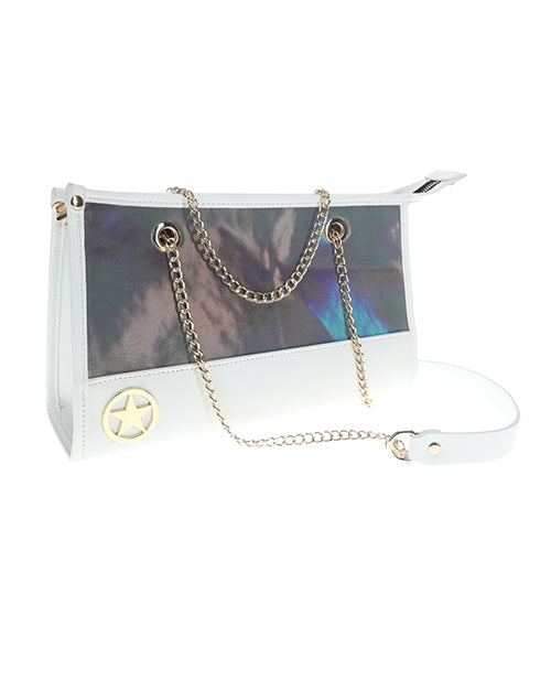 Ouch Paris Collection Bondage Kit with Bag Gray stylish handbag with iridescent hardware and chain strap