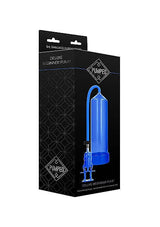 Pumped Deluxe Beginner Penis Pump Blue packaging showing the easy-to-use vacuum device for beginners.