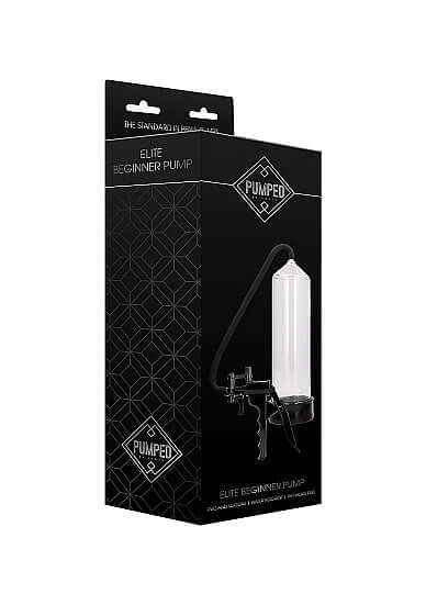 Pumped Elite Beginner Penis Pump Transparent packaging showing the vacuum device for first-time users.