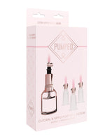 Shots Pumped Clitoral & Nipple Pump Set Medium Rose Gold packaging featuring a hand pump and clear cylinders.