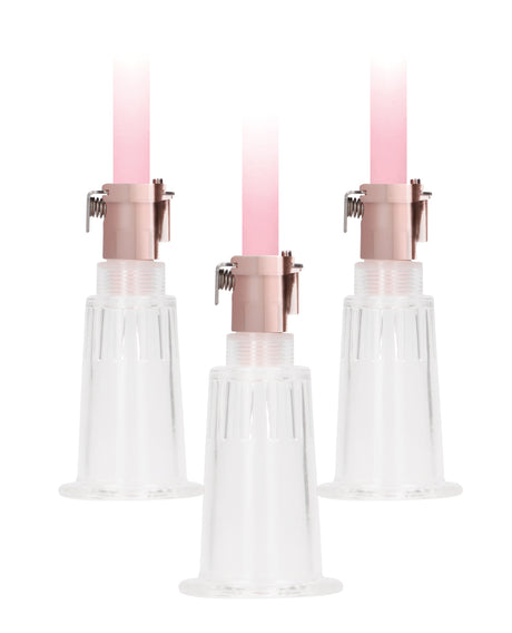Shots Pumped Clitoral & Nipple Pump Set Medium Rose Gold, featuring three clear suction cylinders.