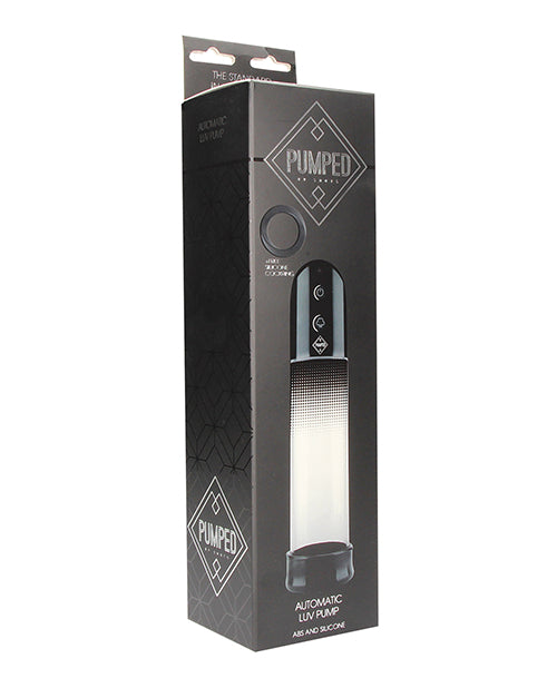 Pumped Automatic Luv Pump Black in stylish packaging with clear design and instructions for hands-free use.