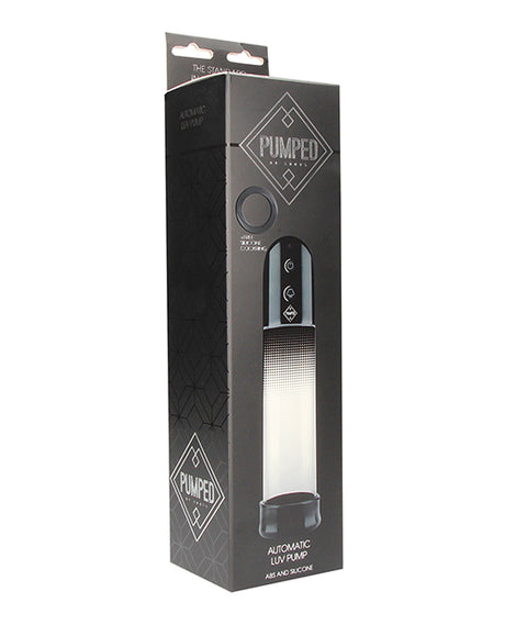 Pumped Automatic Luv Pump Black in stylish packaging with clear design and instructions for hands-free use.