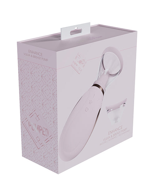 Shots Pumped Enhance Vulva and Breast Pump Pink packaging featuring a sleek design and accessories.