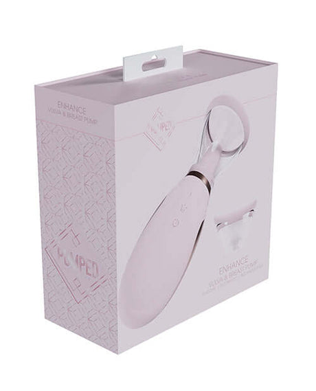 Shots Pumped Enhance Vulva and Breast Pump Pink packaging featuring a sleek design and accessories.