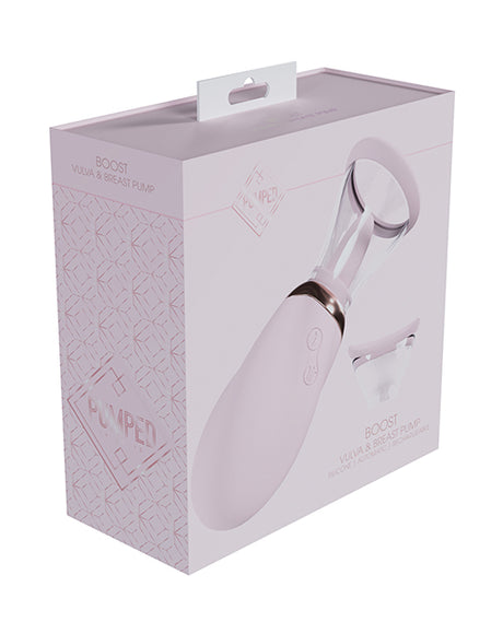 Shots Pumped Boost Rechargeable Vulva & Breast Pump Pink packaging and product design