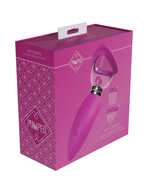 Shots Pumped Arousing Clitoral Nipple & Breast Pump Pink packaging featuring a purple pump design.