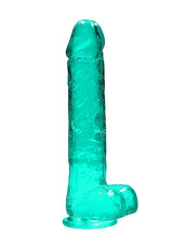 Realrock 9 Inch Realistic Dildo With Balls Turquoise in crystal-clear finish with suction cup base.