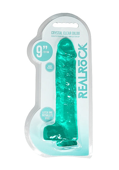 Realrock 9 Inch Realistic Dildo With Balls Turquoise in crystal-clear packaging.