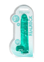 Realrock 9 Inch Realistic Dildo With Balls Turquoise in crystal-clear packaging.