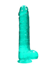 Realrock 9 Inch Realistic Dildo With Balls Turquoise in a crystal-clear turquoise finish with defined head and textured shaft.
