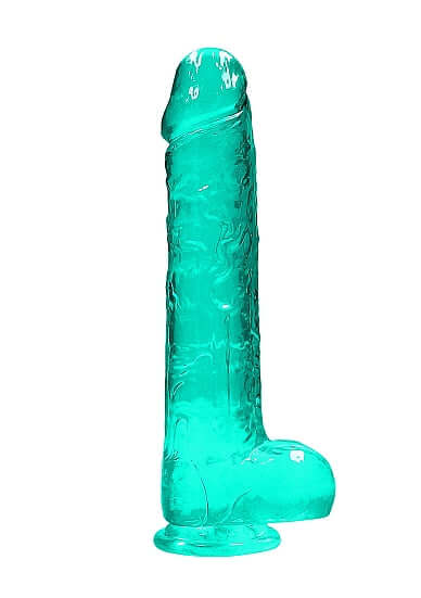 Realrock 9 Inch Realistic Dildo With Balls Turquoise in a crystal-clear turquoise finish with defined head and textured shaft.