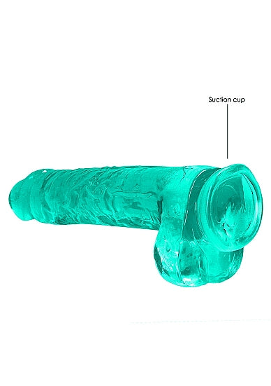 Realrock 9 Inch Realistic Dildo With Balls Turquoise with suction cup base for easy attachment to surfaces.