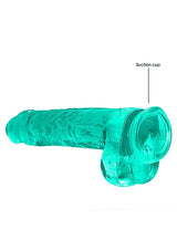 Realrock 9 Inch Realistic Dildo With Balls Turquoise with suction cup base for easy attachment to surfaces.
