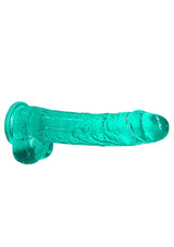 Realrock 9 Inch Realistic Dildo With Balls Turquoise featuring a defined head and textured shaft in a vibrant turquoise color.