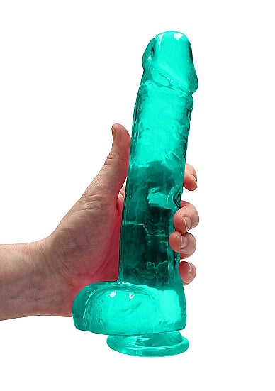 Realrock 9 Inch Realistic Dildo With Balls Turquoise held in hand, showcasing its lifelike design and vibrant color.