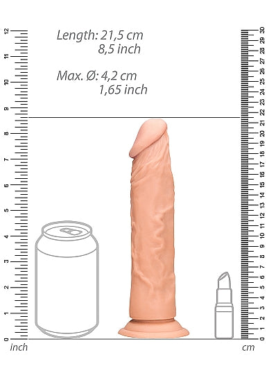 RealRock 8 Inch Realistic Suction Cup Dildo Flesh next to a can for size comparison, showcasing its lifelike design.