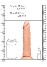 RealRock 8 Inch Realistic Suction Cup Dildo Flesh next to a can for size comparison, showcasing its lifelike design.