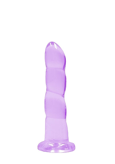 Realrock Non Realistic Dildo With Suction Cup 7 Inch Purple showcasing its crystal-clear silhouette and curved design.