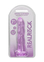 Realrock Non Realistic Dildo With Suction Cup 7 Inch Purple in packaging, showcasing its crystal-clear design and seductive shape.