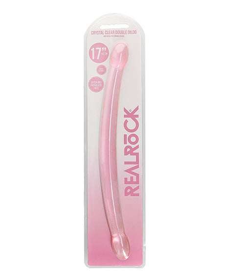 Shots RealRock Crystal Clear 17 Inch Double Dildo Pink in packaging with a sleek design and smooth pink finish.