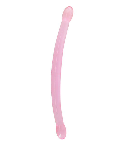 Shots RealRock Crystal Clear 17 Inch Double Dildo Pink displayed on a white background, showcasing its smooth pink finish.