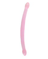 Shots RealRock Crystal Clear 17 Inch Double Dildo Pink displayed on a white background, showcasing its smooth pink finish.