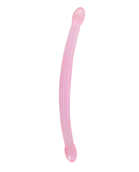 Shots RealRock Crystal Clear 17 Inch Double Dildo Pink displayed on a white background, showcasing its smooth pink finish.