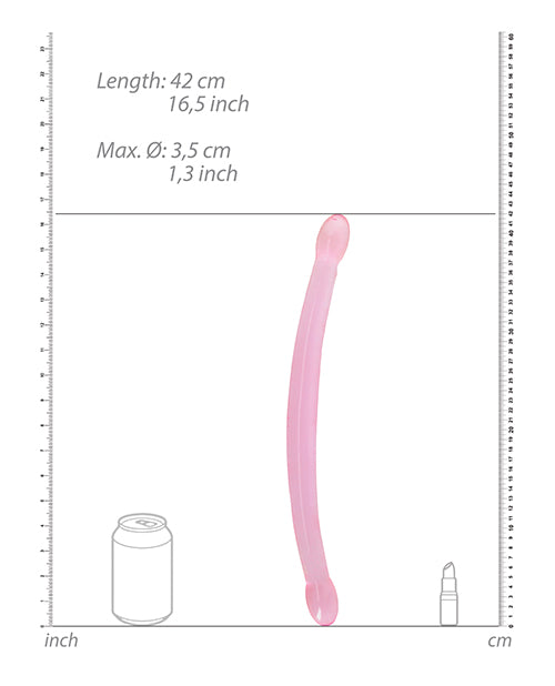 Shots RealRock Crystal Clear 17 Inch Double Dildo Pink dimensions with measurement details and comparison to common objects.