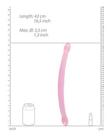 Shots RealRock Crystal Clear 17 Inch Double Dildo Pink dimensions with measurement details and comparison to common objects.