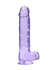 Realrock Realistic Dildo with Balls 10 inch Purple, translucent finish, realistic design with balls, sturdy suction base.