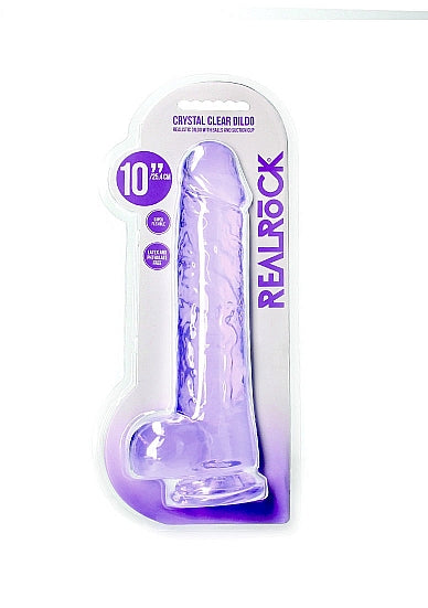 Realrock Realistic Dildo with Balls 10 inch Purple in packaging, featuring a veined shaft and suction cup base.