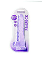 Realrock Realistic Dildo with Balls 10 inch Purple in packaging, featuring a veined shaft and suction cup base.