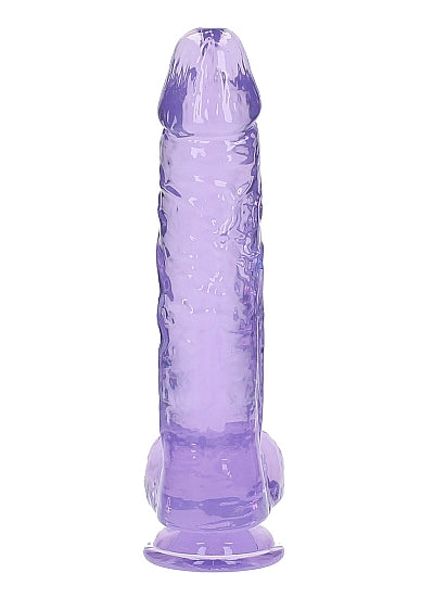 Realrock Realistic Dildo with Balls 10 inch Purple features a translucent design and realistic details for a lifelike experience.