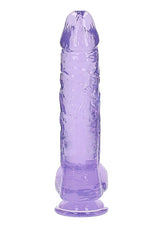 Realrock Realistic Dildo with Balls 10 inch Purple features a translucent design and realistic details for a lifelike experience.