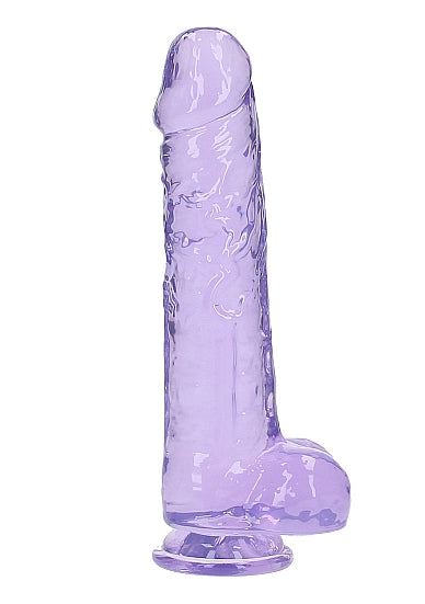 Realrock Realistic Dildo with Balls 10 inch Purple displayed in translucent purple finish with realistic details.