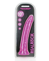 RealRock 10 inch Slim Dildo Glow in the Dark Neon Purple in packaging with a sleek design and eye-catching color.